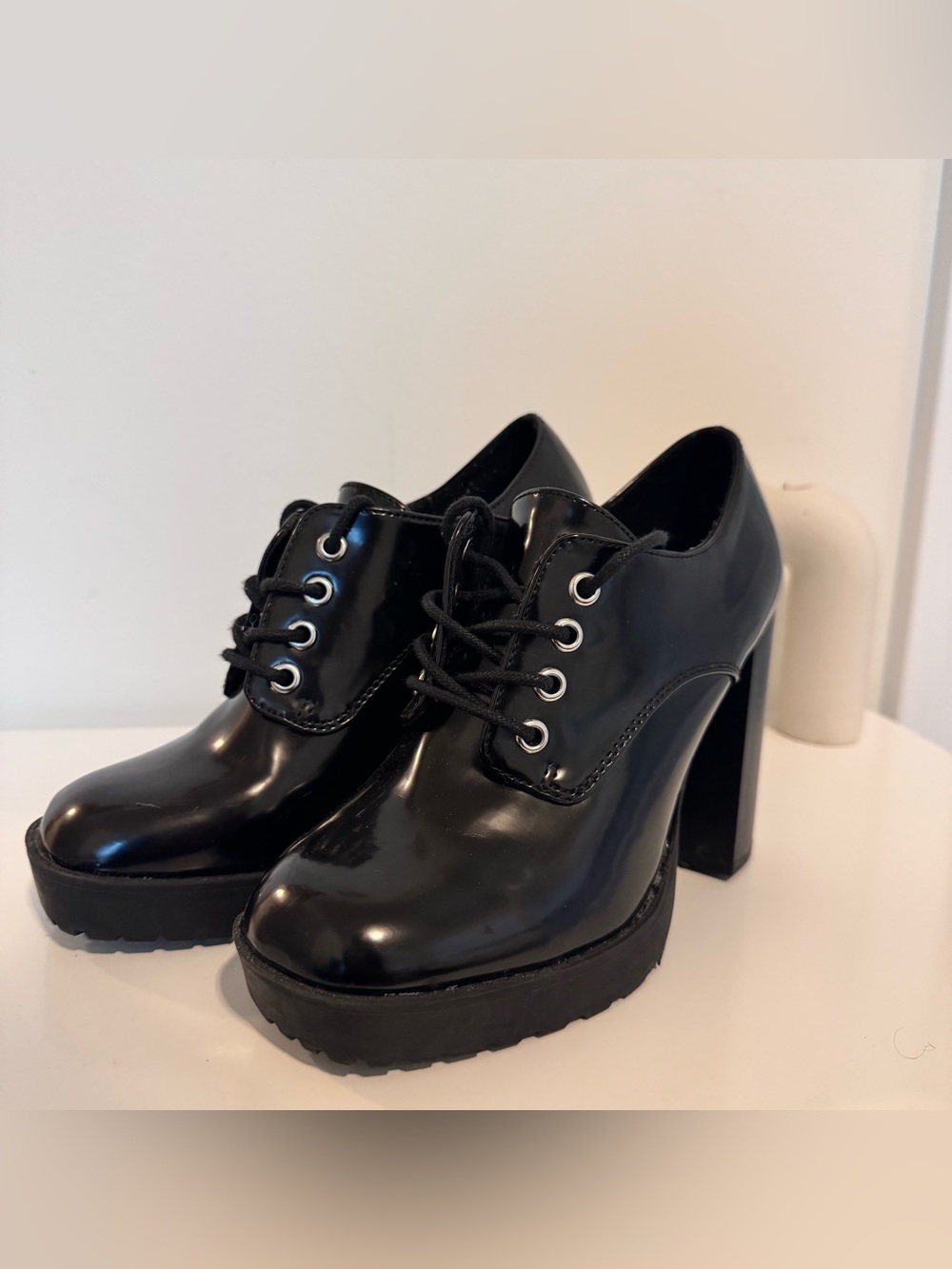 Wild Pair Black Patent Platform Lace-Up Chunky Heels